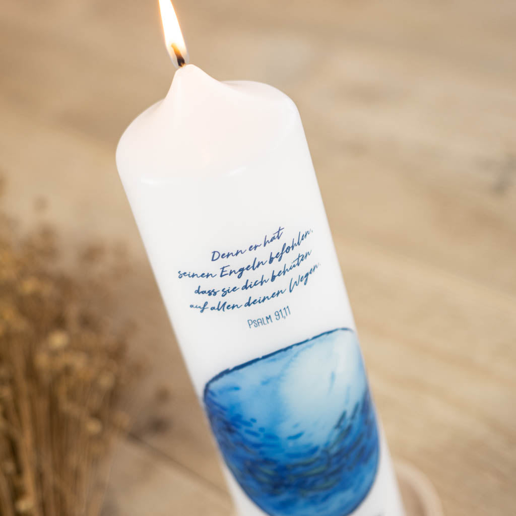 Kommunionkerze mit Spruch nach Psalm 91,11