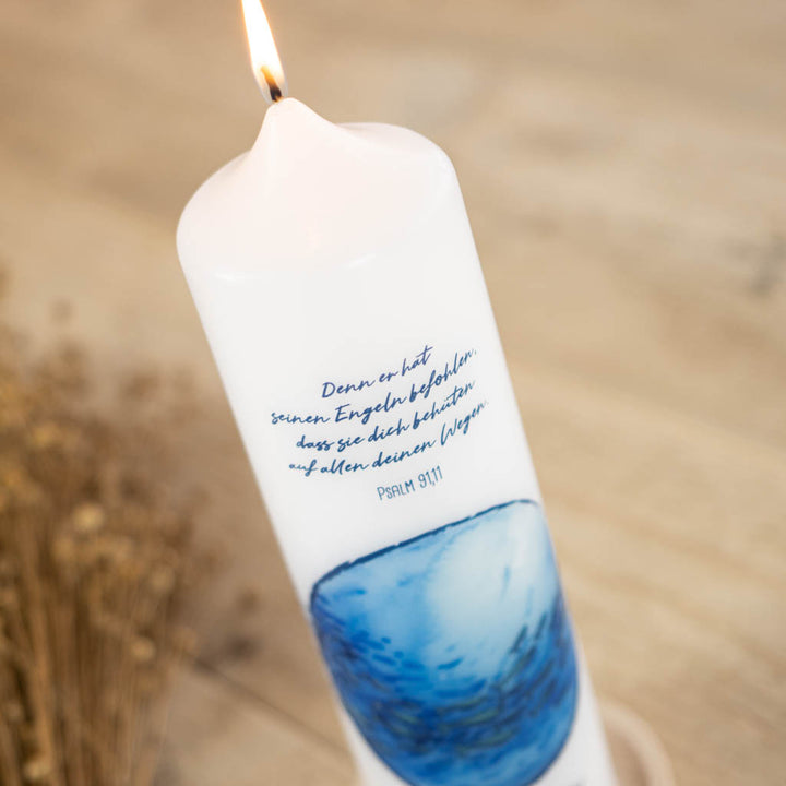 Kommunionkerze mit Spruch nach Psalm 91,11