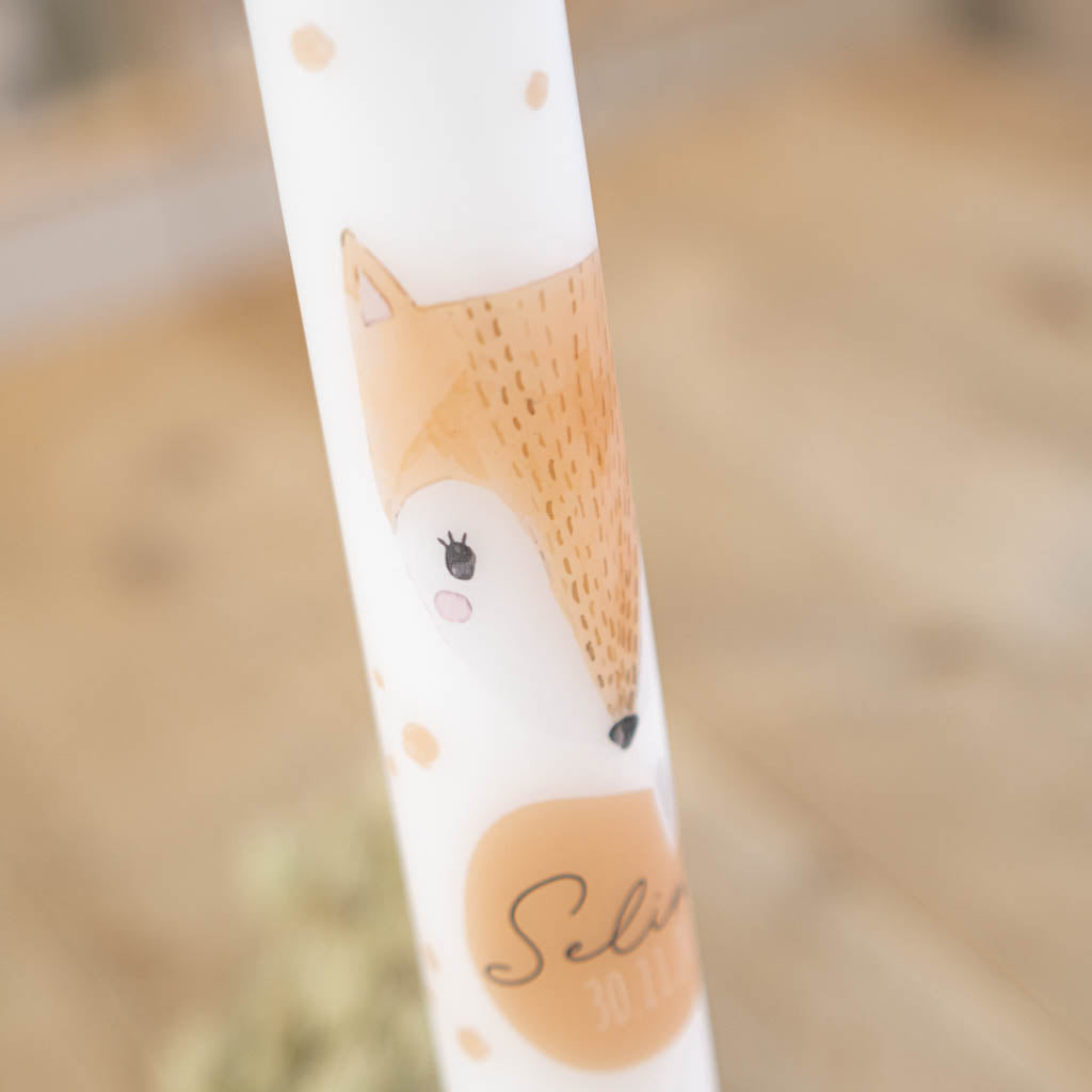 Kommunionkerze Fuchs mit orangem Aquarell-Fuchs und Name