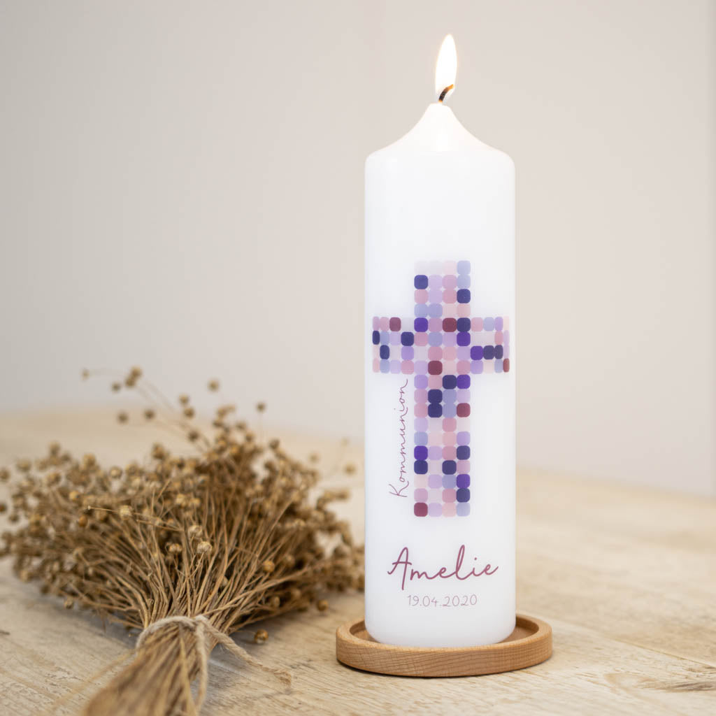 Kommunionkerze Kreuz aus buntem Mosaik mit Name Amelie