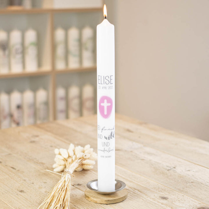 Kommunionkerze Kreuz mit rosa Farbkreis und Name Elise