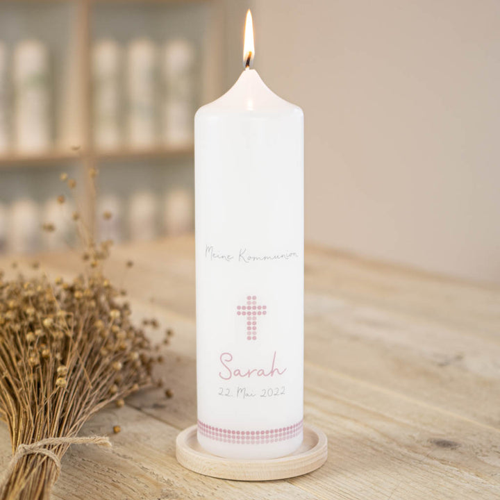 Kommunionkerze Kreuz in Perlenoptik mit Name Sarah