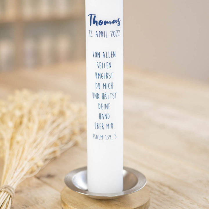 Kommunionkerze Kreuz mit Spruch in blauer Schrift