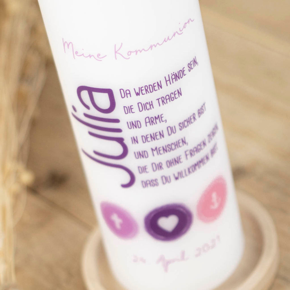 Kommunionkerze mit Name, Kreuz, Anker und Herz in rosa Farbkreisen