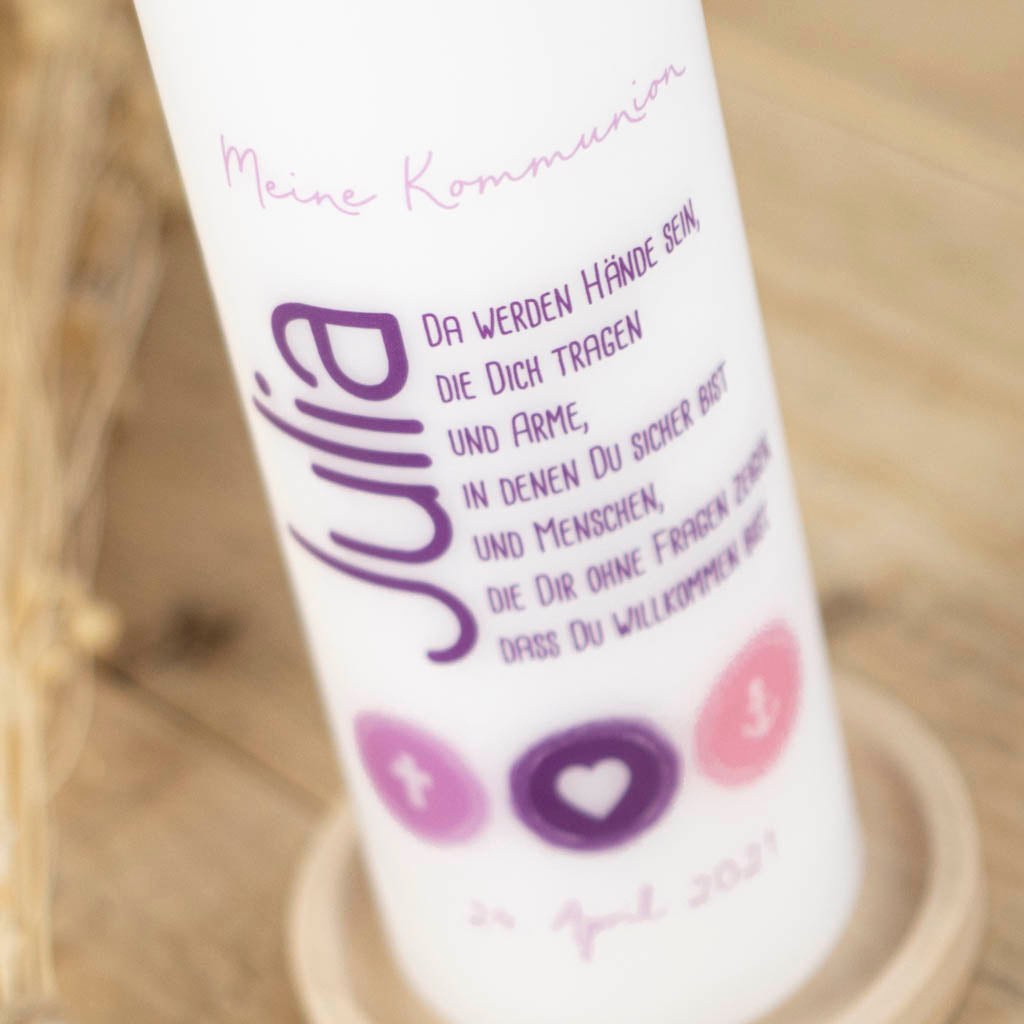 Kommunionkerze mit Name, Kreuz, Anker und Herz in rosa Farbkreisen