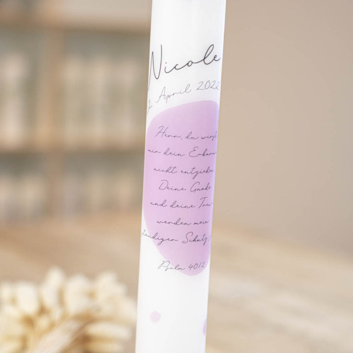 Kommunionkerze Punkte in Rosa mit personalisiertem Spruch