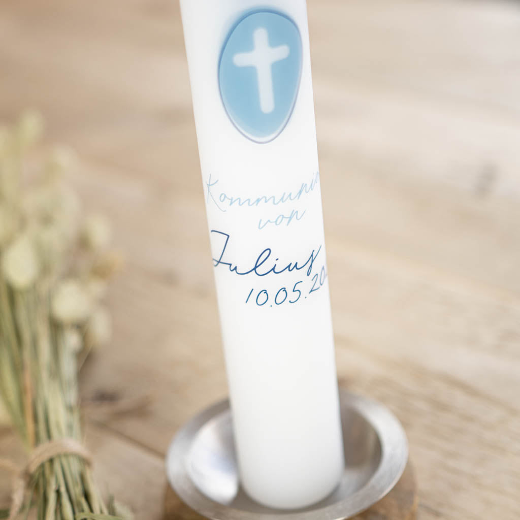 Kerze zur Kommunion Glaube Liebe Hoffnung mit Name und Datum