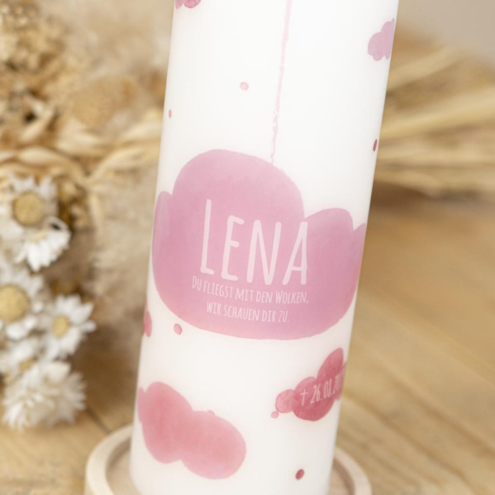 Name in der rosa Wolke mit Spruch auf der Sternenkind-Kerze