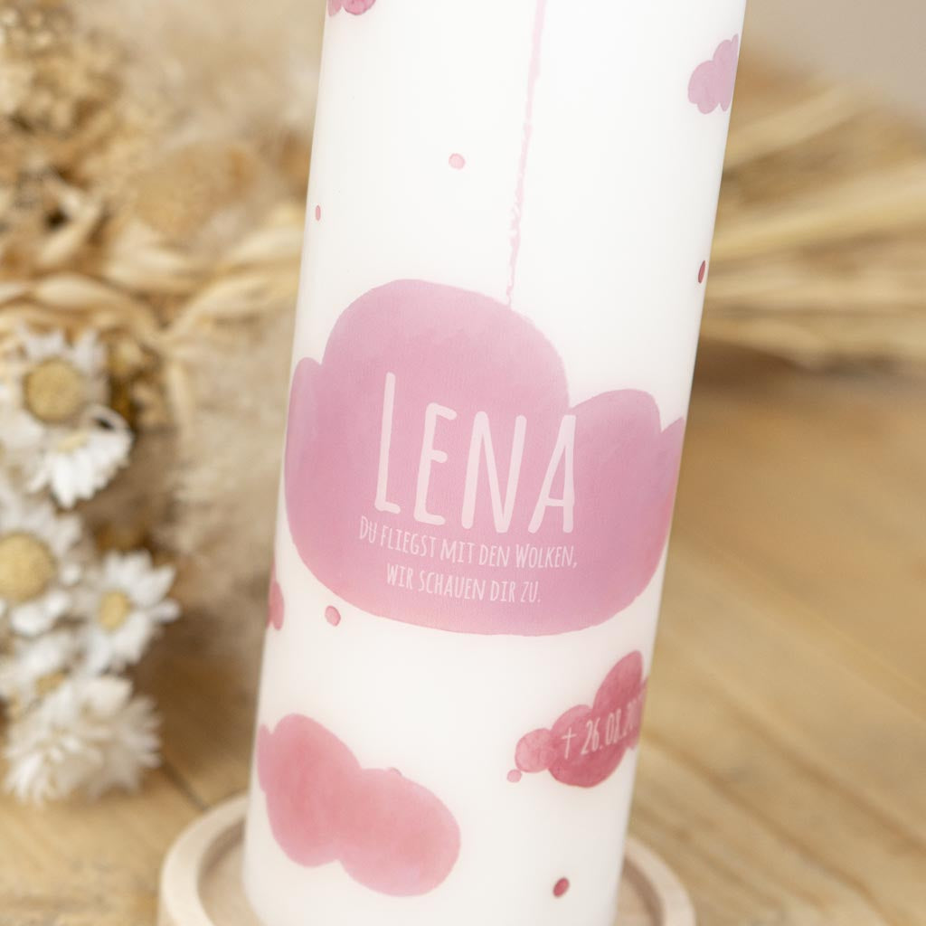 Name in der rosa Wolke mit Spruch auf der Sternenkind-Kerze