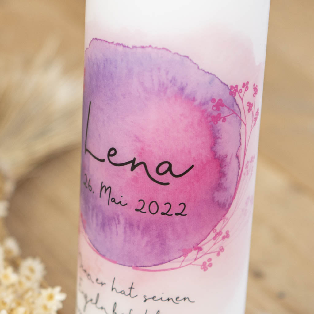 Taufkerze Aquarell in Rosa mit Aquarellklecks und Blütenzweigen