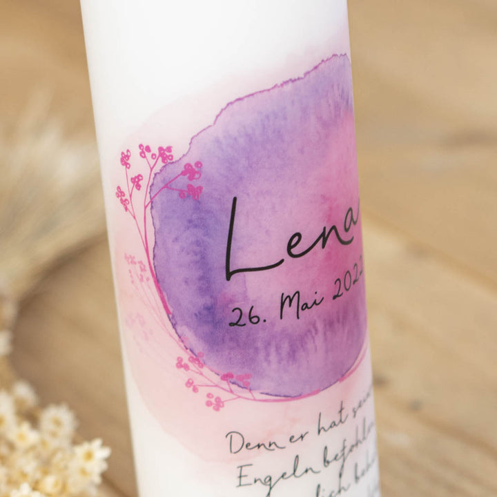Personalisierte Taufkerze mit buntem Aquarellmotiv und Name