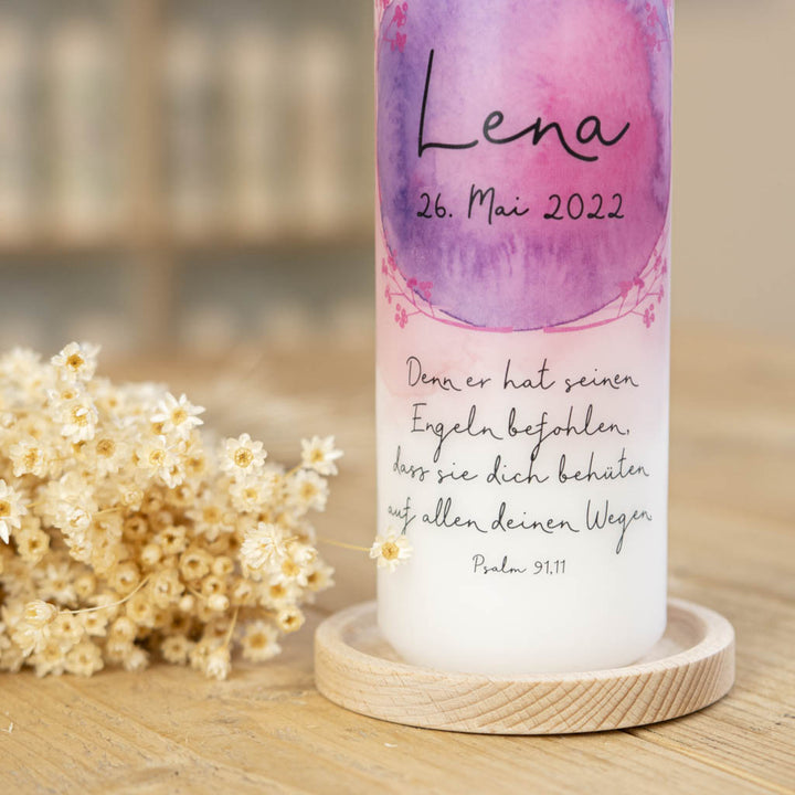 Taufkerze Aquarell in Rosa mit Taufspruch Psalm 91,11