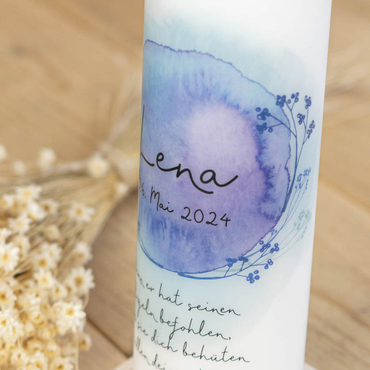 Taufkerze Aquarell in Blau mit Name und Taufdatum