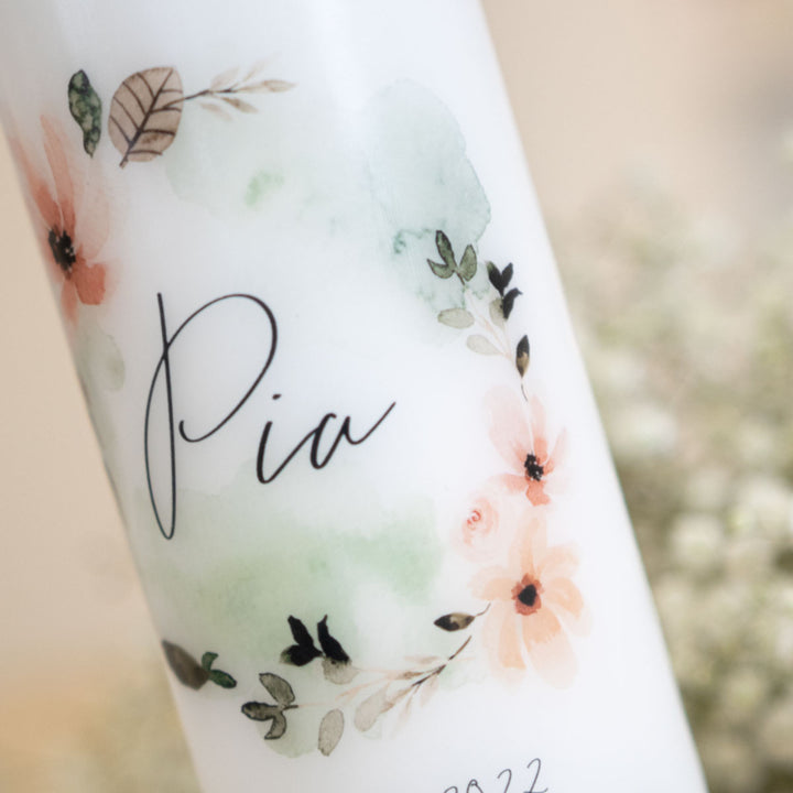 Blütenkranz der Taufkerze in apricot und grün, Detailaufnahme