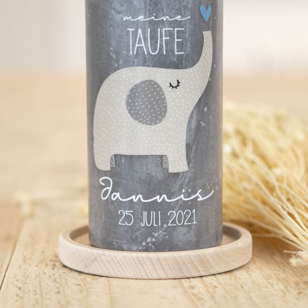 Taufkerze Elefant modern – personalisiert mit Name und Taufdatum