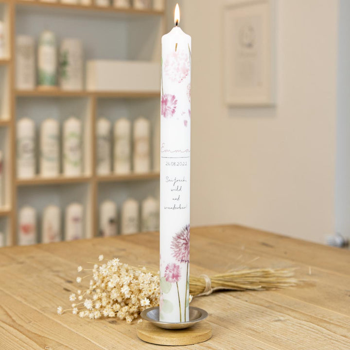 Taufkerze Emma in 40 cm mit Eukalyptus und Klee Motiv