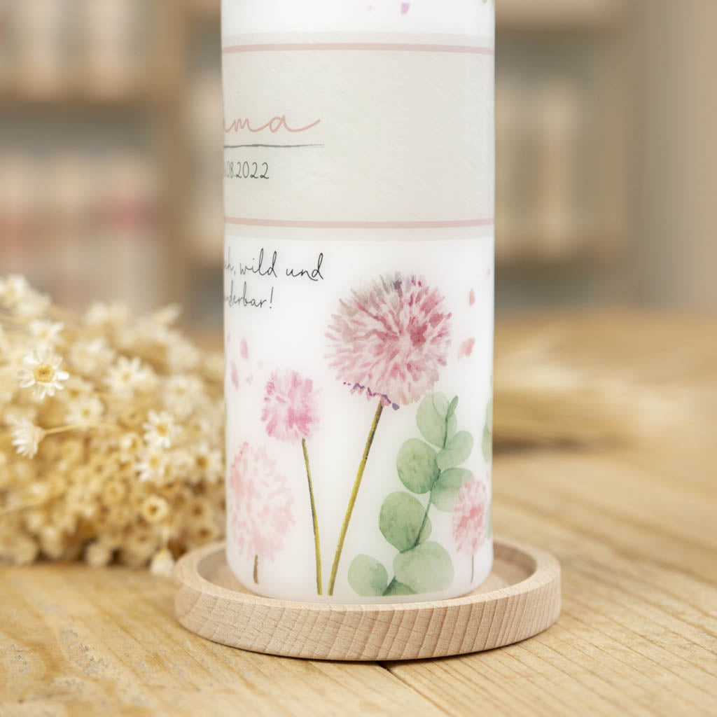 Taufkerze Eukalyptus und Klee mit Kerzenhalter Holz