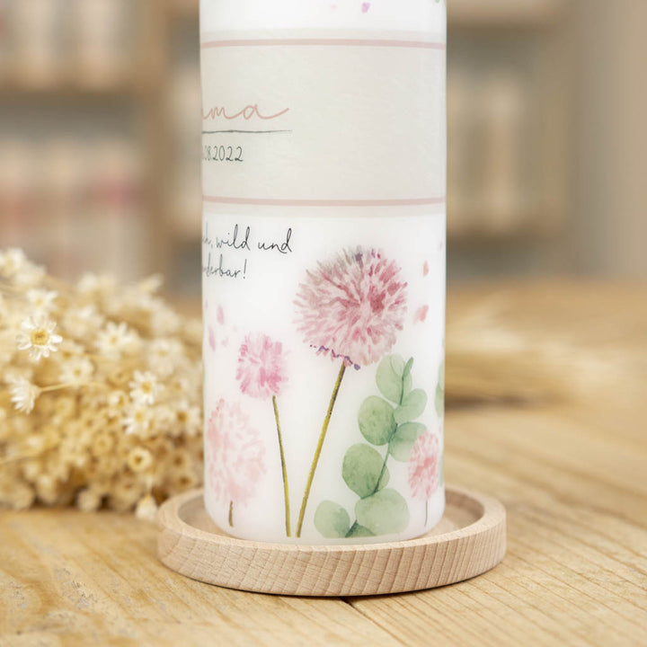 Taufkerze Eukalyptus und Klee mit Kerzenhalter Holz