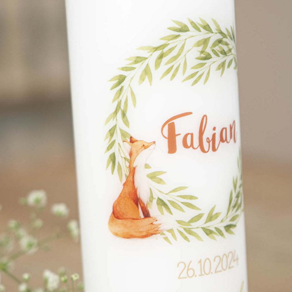 Aquarell-Fuchs am Blätterkranz der Taufkerze, Detail