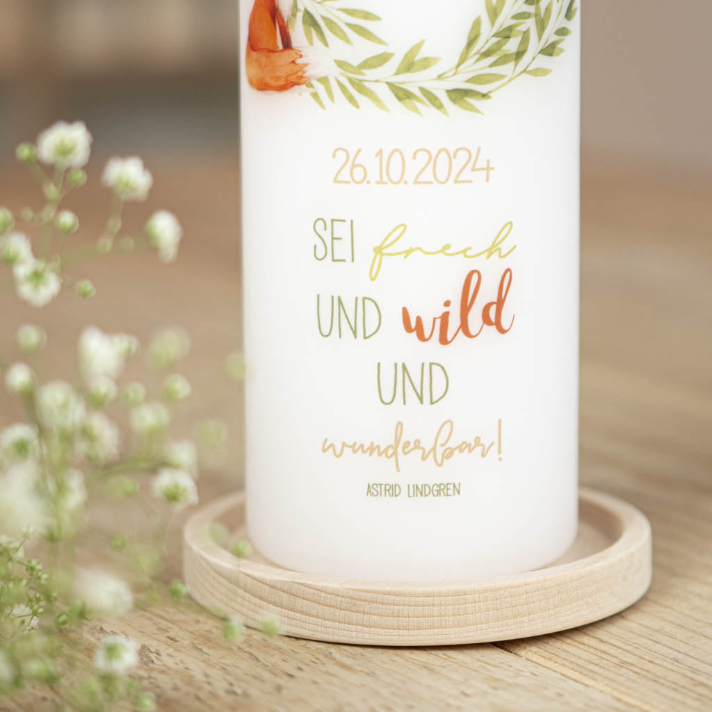 Taufkerze Fuchs mit Spruch Sei frech und wild und wunderbar