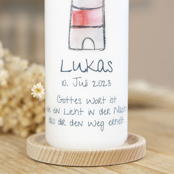 Taufkerze Leuchtturm mit Name, Taufdatum und Taufspruch