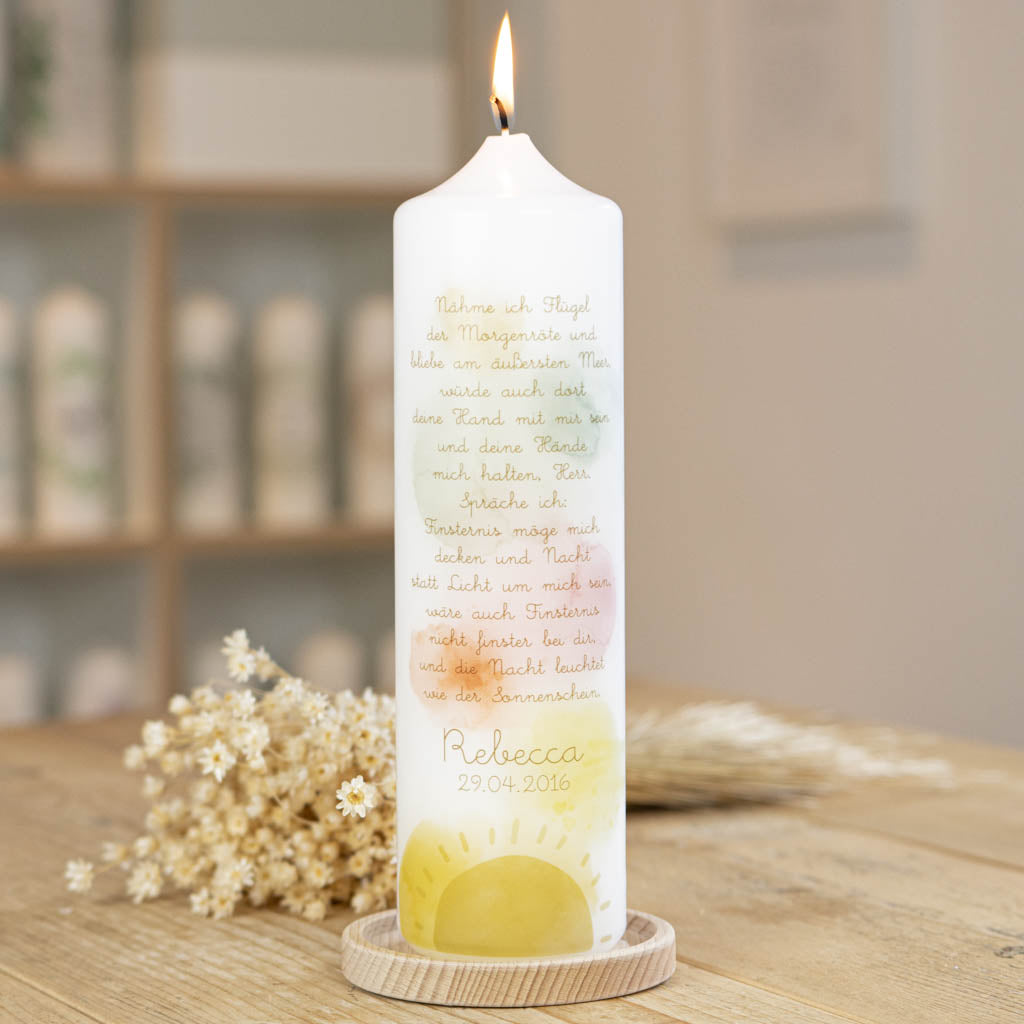 Taufkerze Psalm mit Vers aus Psalm 139 und aufgehender Sonne