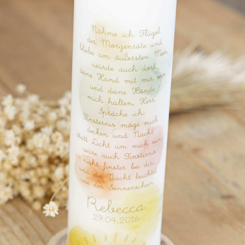 Taufkerze mit Psalm-Vers in goldener Schreibschrift