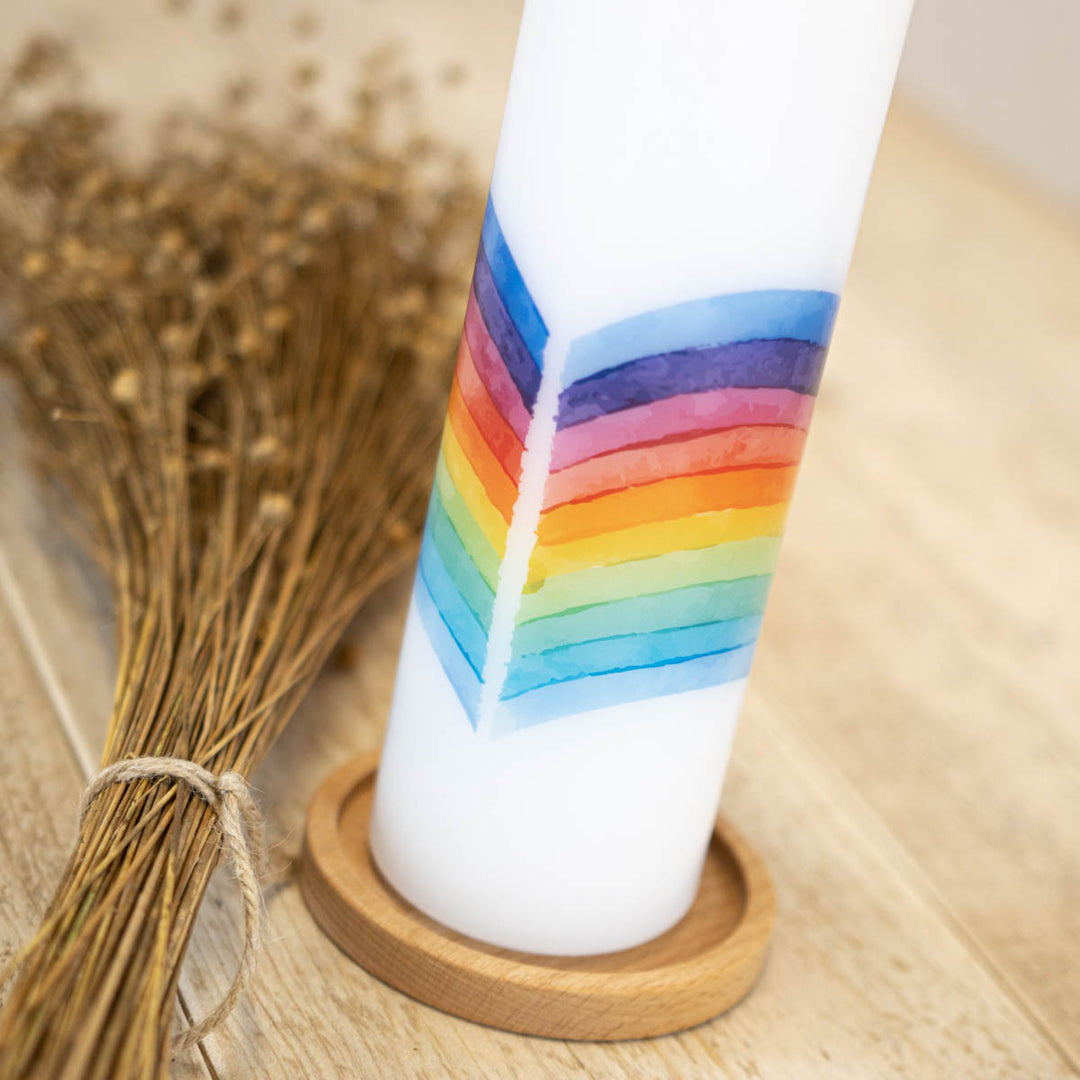 Rückseite der Taufkerze Regenbogen mit Wellen und Boot