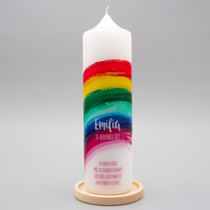Taufkerze Regenbogen bunt mit Kerzenhalter aus Holz