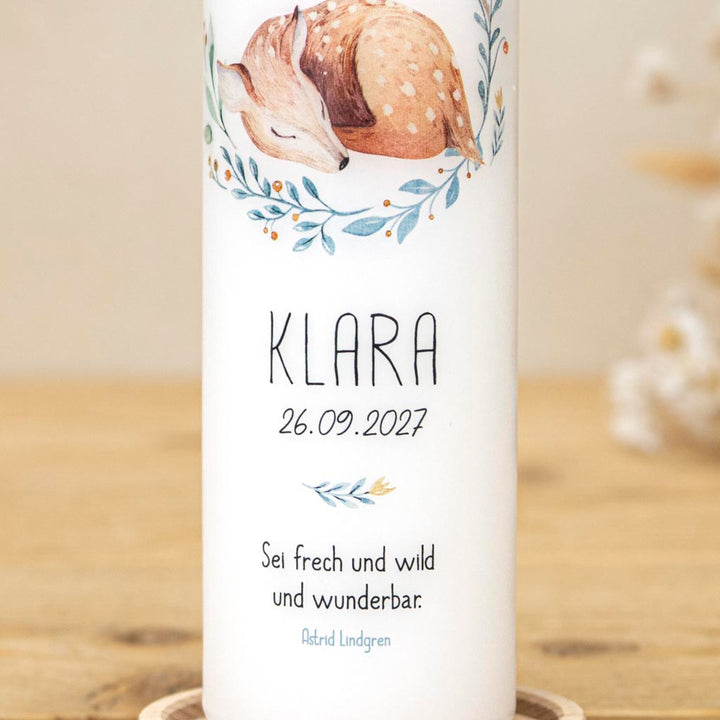 Taufkerze Reh mit Schriftzug Meine Taufe Name und Datum