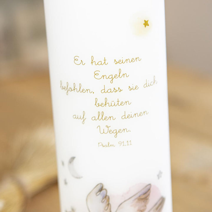 Taufkerze Schwan mit Taufspruch Psalm 91,11 in Goldschrift