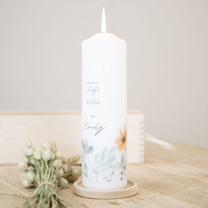 Taufkerze Unendlichkeit mit Wildblumenwiese und Namen Emily