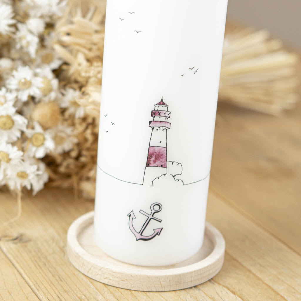 Taufkerze mit Leuchtturm, Anker und Möwen in Altrosa