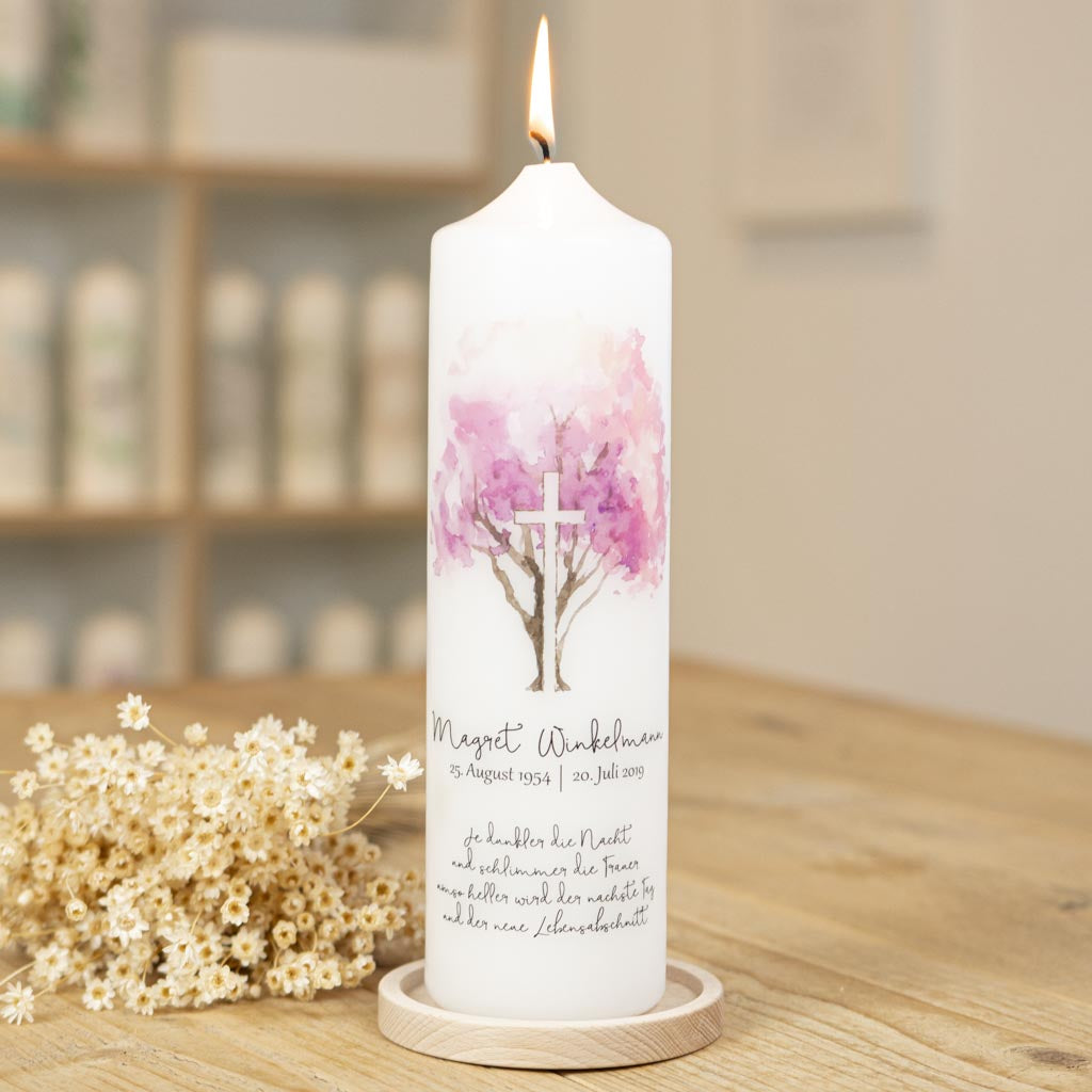 Trauerkerze Baum mit weißem Kreuz im Aquarell-Stil